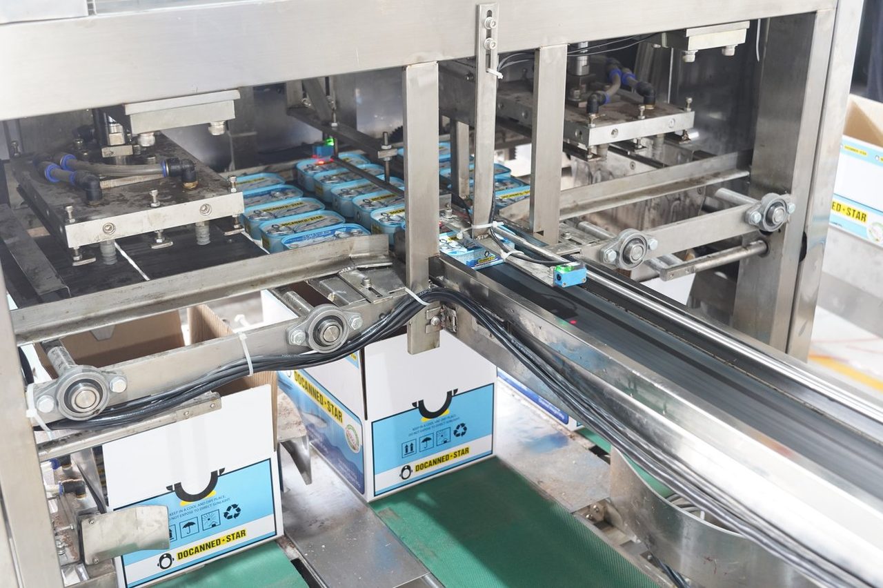 DocannedStar canning and case-packing line boxing sardine tins for export