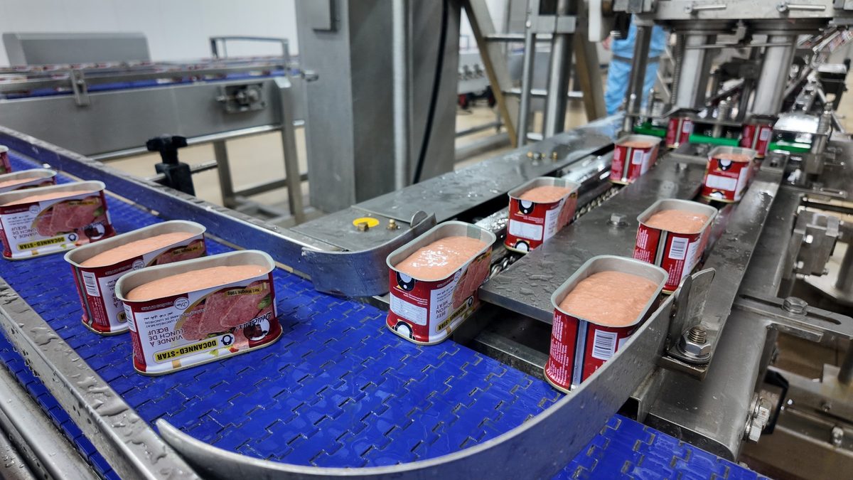 Beef luncheon meat filled cans on the canning line