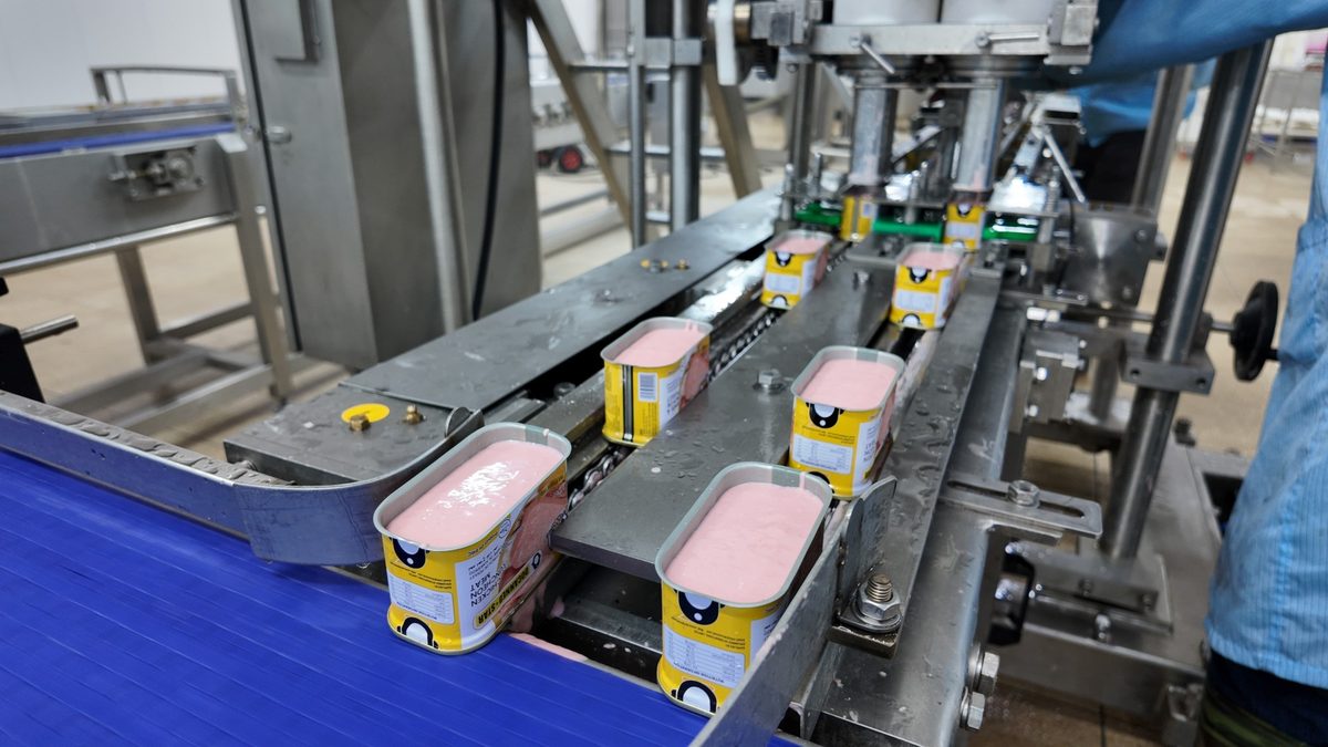 Chicken luncheon meat filled cans on the line