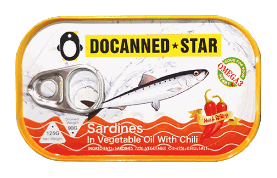 Canned sardines in vegetable oil with hot & spicy chili