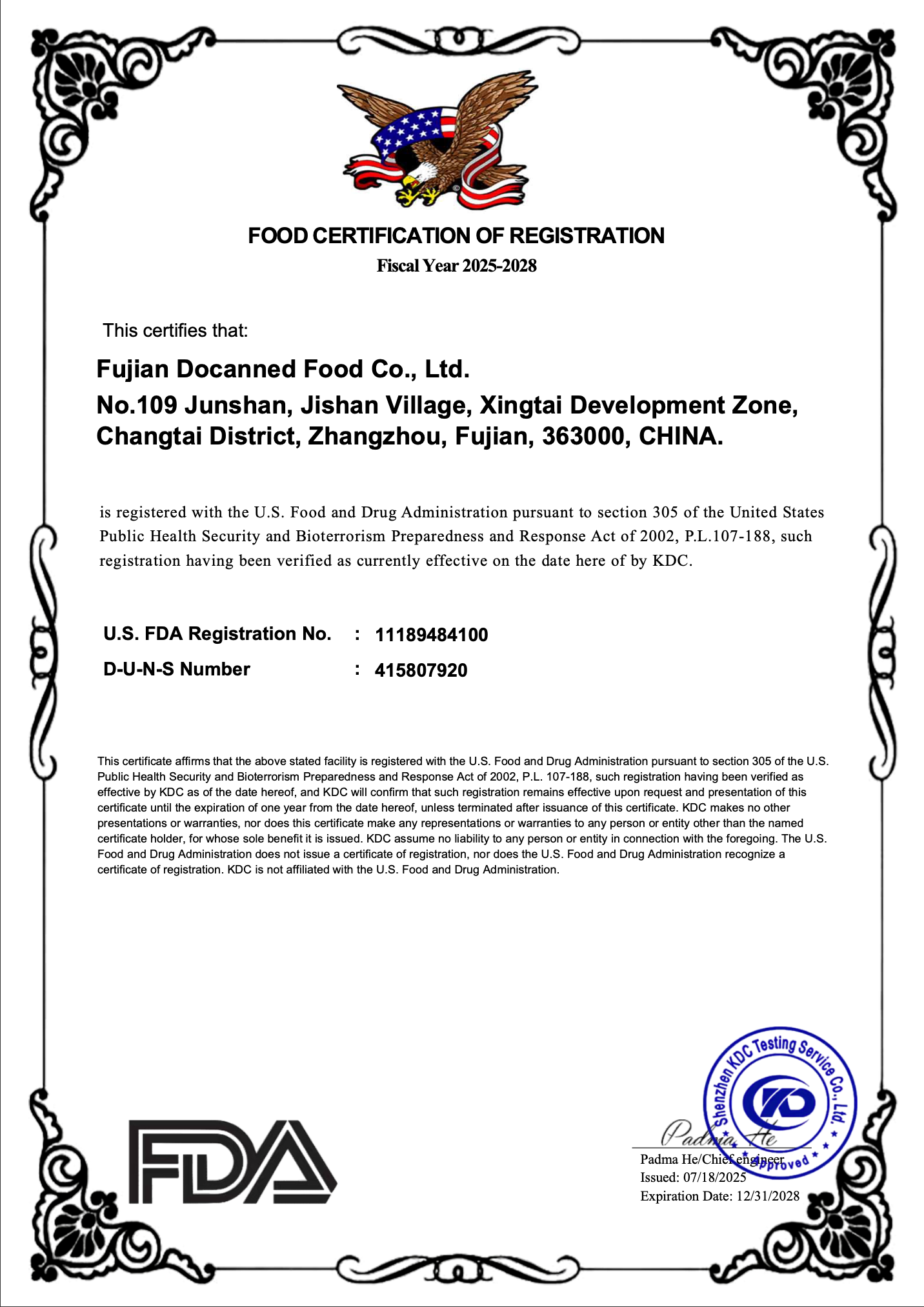 FDA certificate