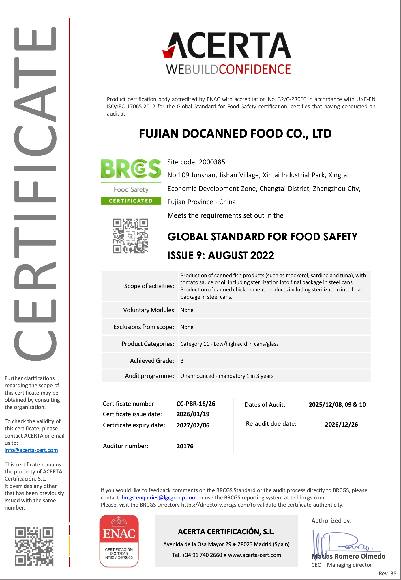 ISO 9001 / HACCP certificate
